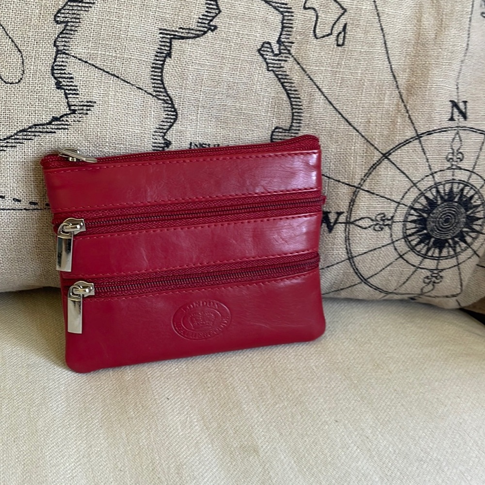 London Leather Goods red  change purse 4 x 4.5